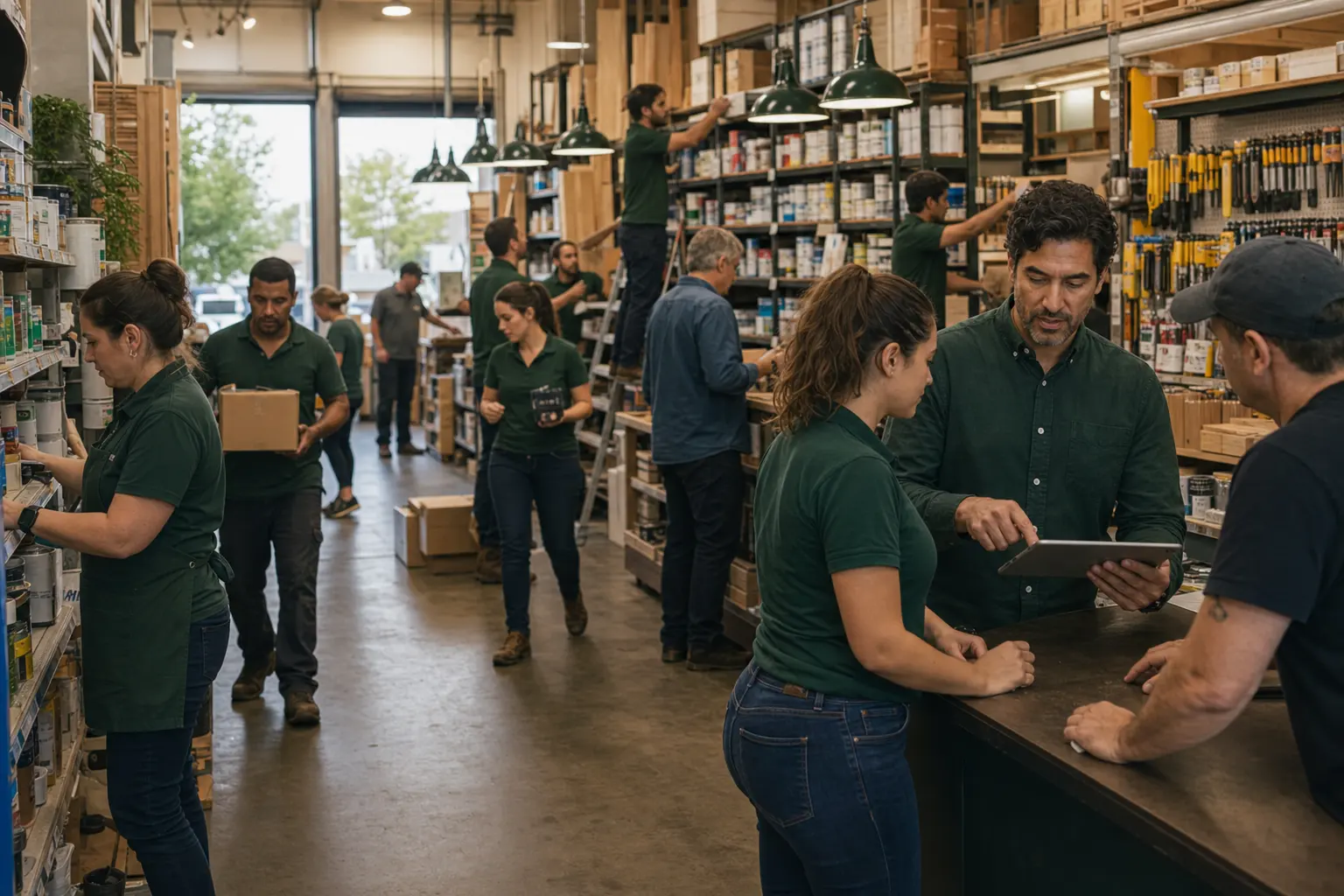 Hardware store staff working across the aisles, the counter, and the loading bay.