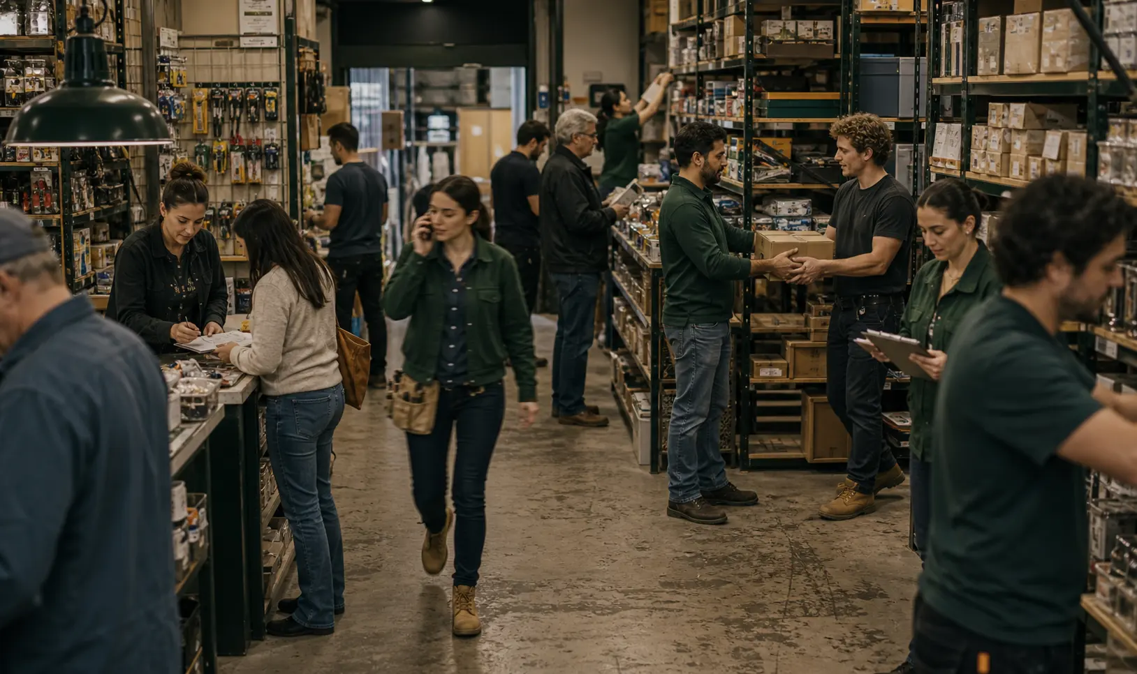 Retail shop staff moving between the counter, the shelves, and the stockroom.