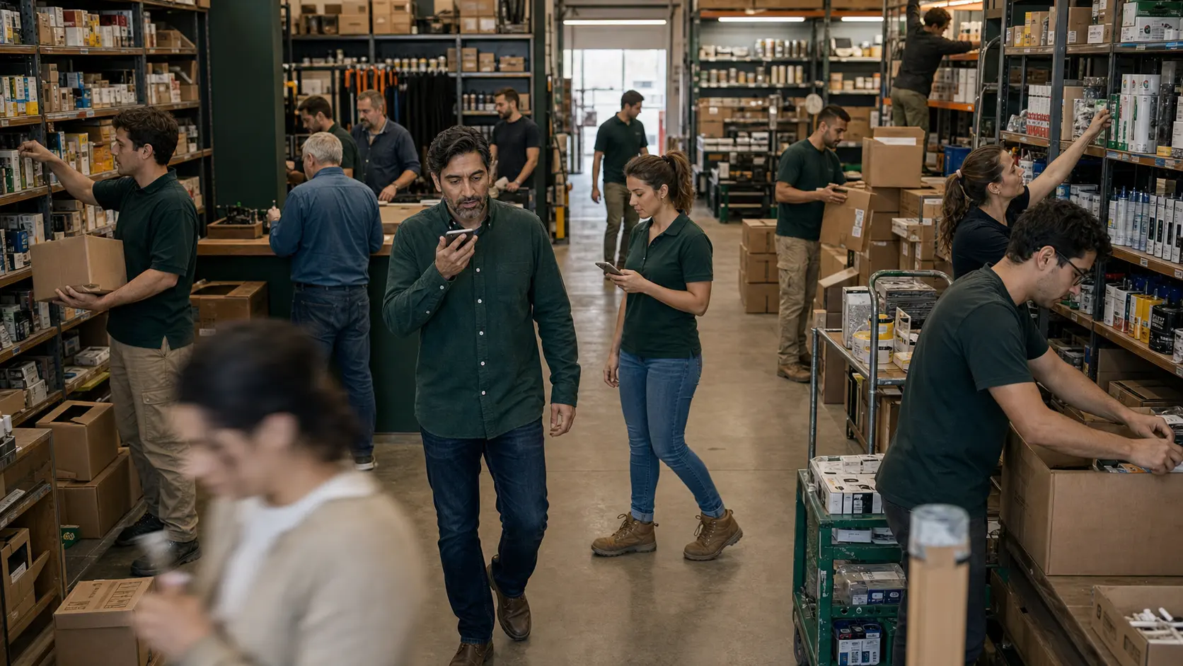 Shop staff speaking a task into a phone while checking stock in the aisle.
